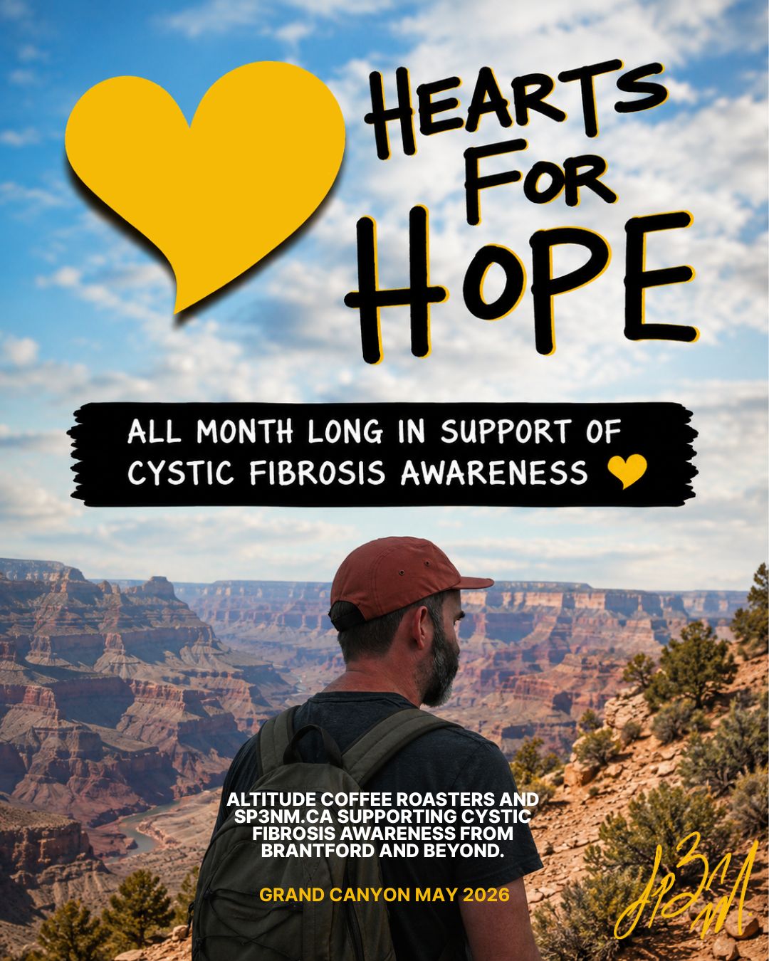 Hearts For Hope all month long in support of cystic fibrosis awareness with a man overlooking the Grand Canyon, May 2026